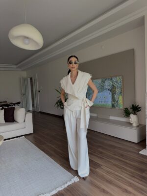 Premium Vatkalı Yelek Belden Bağlamalı Pantolon Takım Ekru