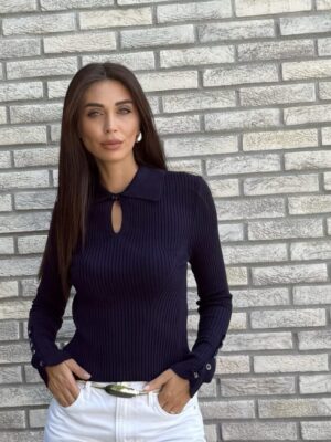 Damla Yaka İnce Triko Kazak-Lacivert