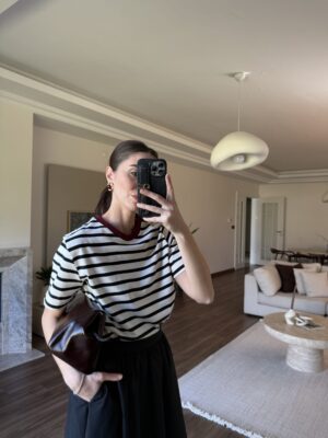 Çizgili Basic Tshirt-Bordo Yakalı