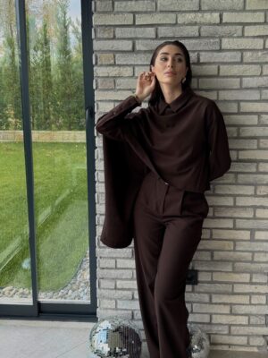 Manşet Kol Yakası Şallı Gömlek Takım-Kahve