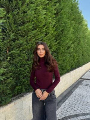 Bordo Dik Yaka Yünlü Yumuşak İnce Dokulu