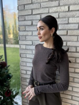Kayık Yaka Kaşmir Karışımlı Kazak -Kahve