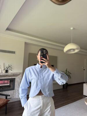Hakim Yaka Crop Gömlek-Mavi